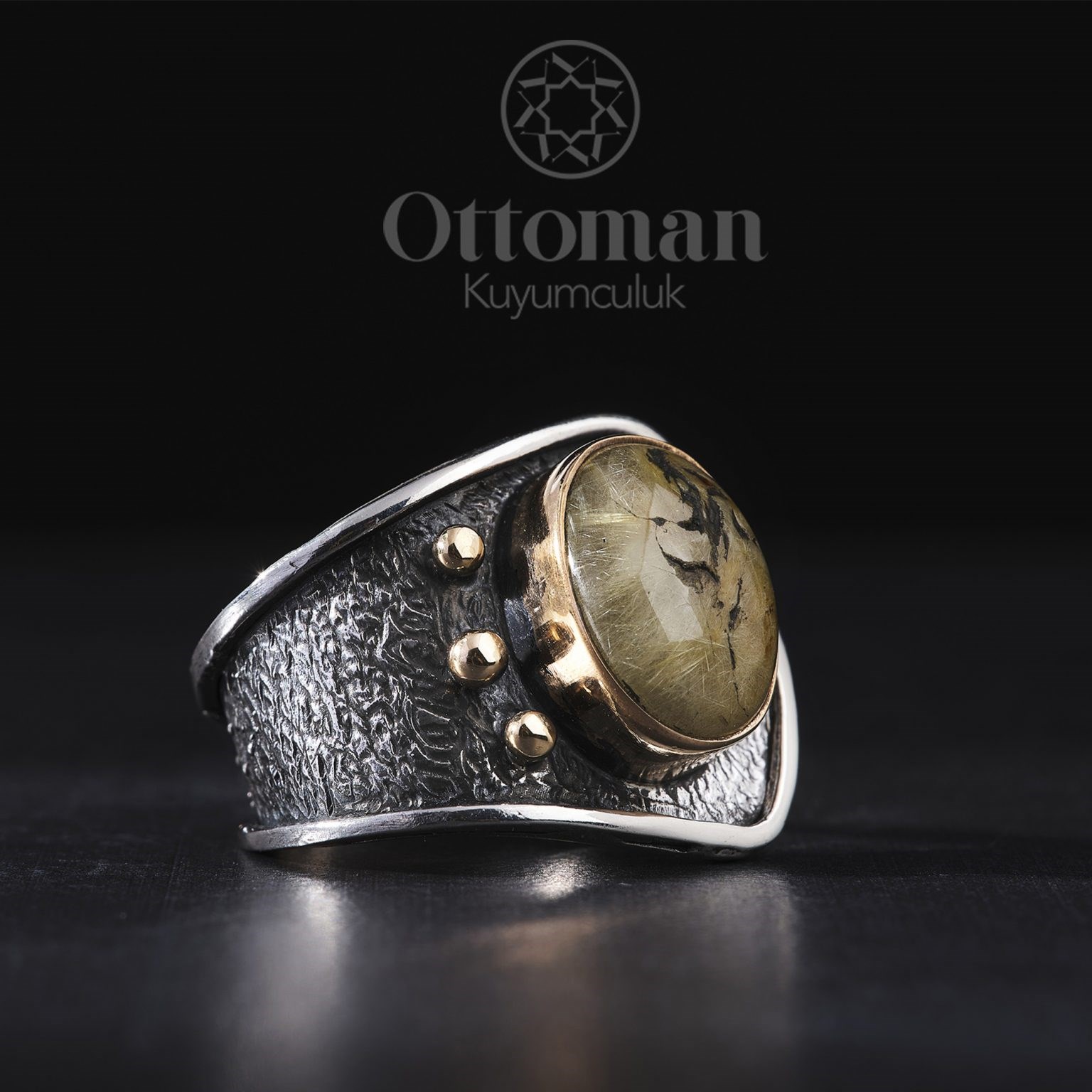 منتج تركي: خاتم نسائي من حجر الكوارتز الذهبي الروتيل